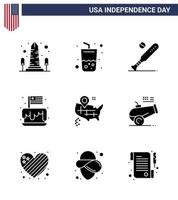9 USA Solid Glyph Pack of Independence Day Signs and Symbols of party cake cola festival sports Editable USA Day Vector Design Elements