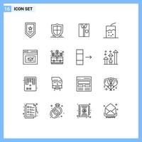 Pack of 16 Modern Outlines Signs and Symbols for Web Print Media such as drink wear shield formal dress Editable Vector Design Elements