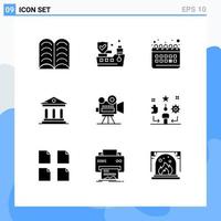 9 User Interface Solid Glyph Pack of modern Signs and Symbols of video film camera planning camera campus Editable Vector Design Elements