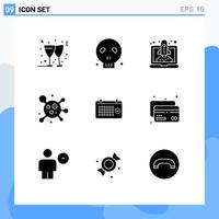 paquete de 9 signos y símbolos de glifos sólidos modernos para medios de impresión web como la fecha del año que lanza elementos de diseño de vectores editables de moléculas de calendario