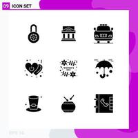 Editable Vector Line Pack of 9 Simple Solid Glyphs of power love government heart emergency Editable Vector Design Elements