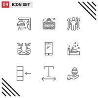 Group of 9 Outlines Signs and Symbols for mobile phone career sweep clean Editable Vector Design Elements