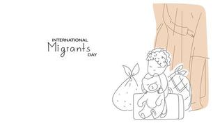 dia internacional del migrante. ilustración de garabato plano horizontal de modo oscuro vectorial multicolor para banner de medios sociales, póster vector