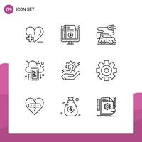 Group of 9 Outlines Signs and Symbols for hand upload purchase mobile cloud Editable Vector Design Elements