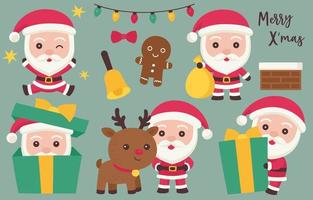 doodle de personaje de santa claus con renos y elementos vector