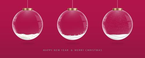 Christmas glass baubles transparent balls with Snow,XMas Crystal sphere decorations isolated on Viva Magenta color background.Vector Realistic 3d design element for Christmas,New Year.color Trend 2023 vector