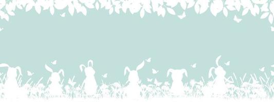 patrón sin costuras de pascua con conejitos y huevos de pascua.fondo de patrón horizontal vectorial con conejos jugando en campos de flores de primavera con bordes de hojas de ramas.recorte de papel blanco sobre fondo azul vector
