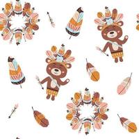 Boho seamless pattern with bear and feathers vector