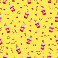 Memphis pink coffee cup to go and beans seamless print background pattern vector