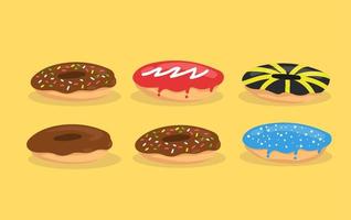 Doodle donuts or doughnut on red tablecloth vector illustration set