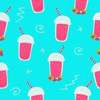 Strawberry bubble drink smoothie seamless pattern with memphis blue background vector