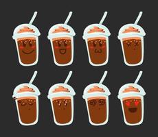 Chocolate cup drink with ice cream topping emoticon smiley set vector