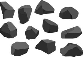 un conjunto de carbón negro de varias formas.colección de piezas de carbón, grafito, basalto y antracita. el concepto de minería y mineral en una mina. fragmentos de roca, cantos rodados y material de construcción. vector