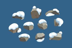 colección de piedras de varias formas en la nieve. guijarros costeros, adoquines, grava, minerales y formaciones geológicas. fragmentos de roca, cantos rodados y material de construcción. ilustración vectorial. vector