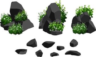 A set of black charcoal of various shapes.Collection of pieces of coal, graphite, basalt and anthracite. The concept of mining and ore in a mine.Rock fragments,boulders and building material. vector