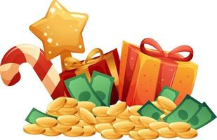 regalos de navidad, sorteo de dinero de invierno, pila de billetes y monedas vector