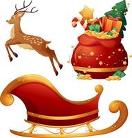 Set of Christmas Gift items with Santa Claus bag, reindeer and sleigh vector