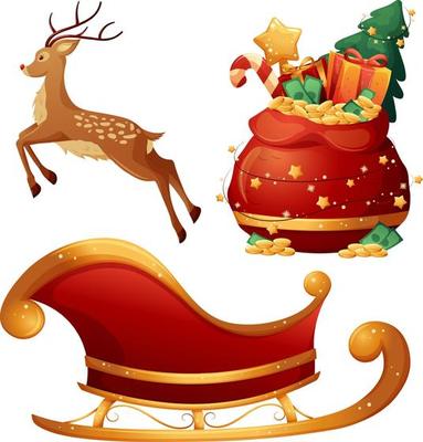 Set of Christmas Gift items with Santa Claus bag, reindeer and sleigh