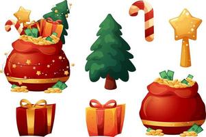 Set of Christmas Gift items with Santa Claus bag vector