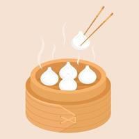 Dimsam, traditional Chinese dumplings, in a bamboo basket with chopsticks. Asian cuisine. Vector illustration.