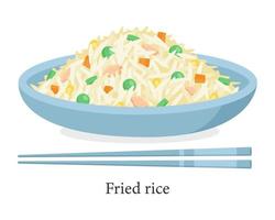 Fried rice in a bowl with chopsticks. Traditional Asian dish. Vector illustration.