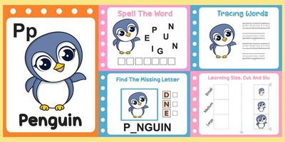 worksheets pack for kids with Penguin. fun learning for children vector