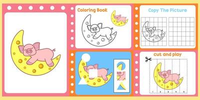 worksheets pack for kids with pig. fun learning for children vector