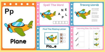 worksheets pack for kids with plane. fun learning for children vector