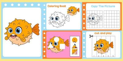 worksheets pack for kids with  puffer fish. fun learning for children vector