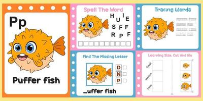 worksheets pack for kids with  puffer fish. fun learning for children vector