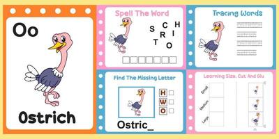 worksheets pack for kids with ostrich. fun learning for children vector