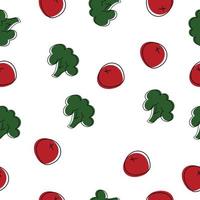 conjunto de verduras sin costuras de brócoli y cereza de tomate. dibujo a mano de patrones sin fisuras vectoriales, tres brócoli para envolver papel, fondo, cortina. vector