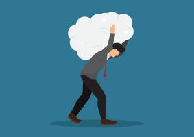 Over thinking, obsessive in work or too many problems that cannot make decision concept, tried depressed businessman carry heavy thinking bubble burden. vector