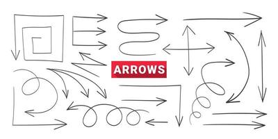 Hand drawn arrows. Doodle curved arrow. Concept arrows. Outline direction pointer. Vector illustration