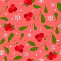 seamless pattern with cranberry  and snowflakes  on a red background vector