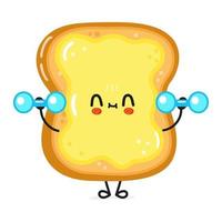 Cute funny sliced toast bread and butter character with dumbbells. Vector hand drawn cartoon kawaii character illustration icon. Isolated on white background. Bread and butter character gym concept