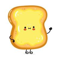 Cute funny sliced toast bread and butter waving hand character. Vector hand drawn cartoon kawaii character illustration icon. Isolated on white background. Bread and butter character concept