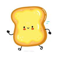 lindo divertido correr tostadas rebanadas de pan y mantequilla. icono de ilustración de personaje kawaii de dibujos animados dibujados a mano vectorial. aislado sobre fondo blanco. ejecutar el concepto de pan y mantequilla vector