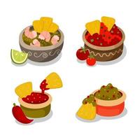 Mexican cuisine. Vector illustration of mexican food. Guacamole, tortilla, nachos