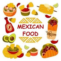 conjunto de comida mexicana. ilustración de dibujos animados vector