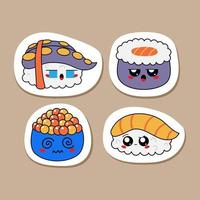 dibujado a mano varios sushi kawaii. conjunto de vectores de color. comida asiática