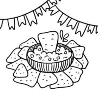 Mexican food coloring page. Doodle guacamole style nachos. Festive flags vector