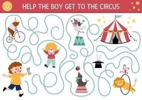 Circus maze for kids with boy running to marquee. Amusement show preschool printable activity with clown, animal performers. Entertainment festival labyrinth game or puzzle vector