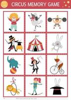 Vector circus memory game cards with cute artists. Amusement show matching activity. Remember and find correct card. Simple entertainment festival printable worksheet for kids