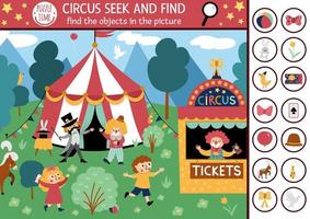 Vector circus searching game with amusement show marquee, clown. Spot hidden objects in the picture. Simple festival tent seek and find educational printable activity for kids