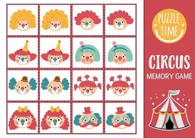 Vector circus memory game cards with cute clown faces. Amusement show matching activity. Remember and find correct card. Simple festival printable worksheet for kids