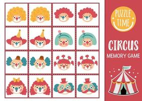 tarjetas de juego de memoria de circo vectorial con lindas caras de payaso. actividad de combinación de espectáculos de diversión. recordar y encontrar la tarjeta correcta. hoja de trabajo imprimible festival simple para niños vector