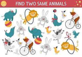 Find two same circus animals. Matching activity for children. Amusement show educational quiz worksheet for kids for attention skills. Simple entertainment festival printable game vector