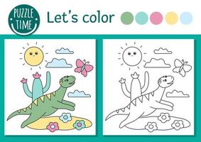 Prehistoric coloring page for children. Cute funny scene with dinosaur running for butterfly. Vector Jurassic period outline illustration. Dino color book for kids with colored example