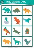 Tarjetas de juego de memoria con dinosaurios. relacionar la actividad de los animales prehistóricos con los donos. recordar y encontrar la tarjeta correcta. hoja de trabajo imprimible simple para niños. vector